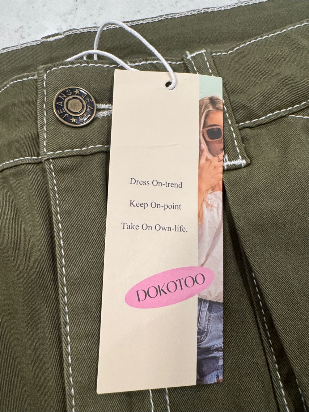 NWT DOKOTOO Sz 14 Olive Carpenter Utility Cargo High Waist White Stitch Stretch - Picture 7 of 16